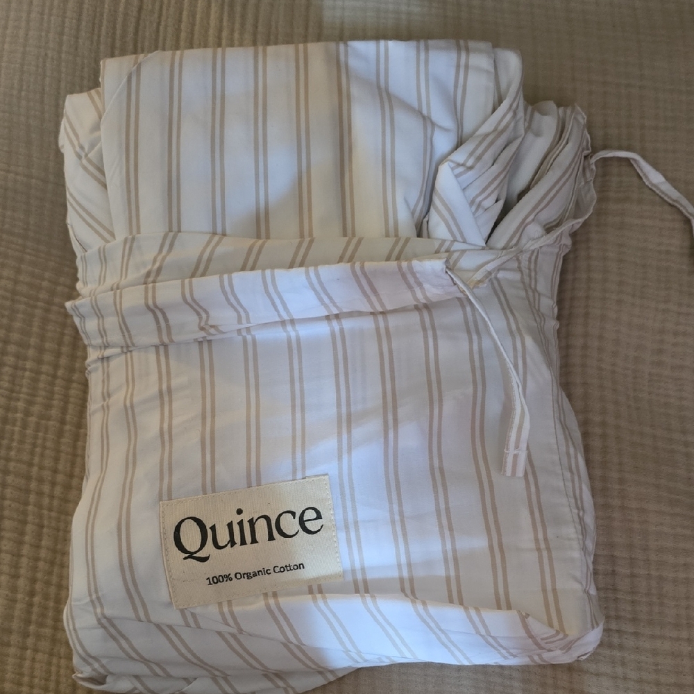 Quince Organic Cotton Striped Bedding Set in White and Tan